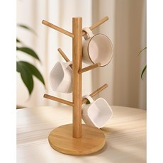 天然木質杯架 6掛勾 馬克杯瀝水架 咖啡杯收納架 防滑底座, 1個, 木色