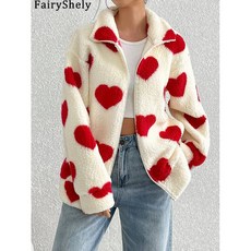 2025 가을 겨울 플러시 하이 칼라 롱 재킷 여성용 두꺼운 후드 따뜻한 프린트 긴팔, M, Red