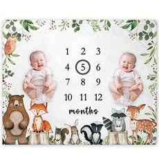Yuzioey Twins WoodlAND & 마일스톤 담요 쌍둥이 숲 동물 아기 성장 차트 월간 WATCH 시계 Me Grow 아기방 초보 엄마 베이비 샤워용(127 x 10
