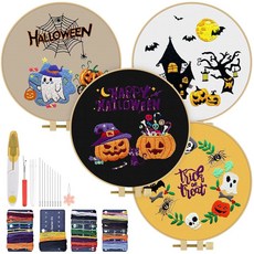 TINDTOP 4세트 자수 키트 초보자를 위한 꽃 연습 키트에는 기술이 적용된 공예 용 천 후프 실을, Halloween