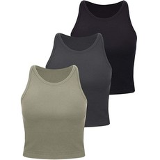 3피스 여성용 기본 크롭 탱크 탑 레이서백 크롭 탱크 여성용 민소매 스포츠 운동 상의 면 스포츠 레이디 여아용 블랙 딥 그레이 올리브