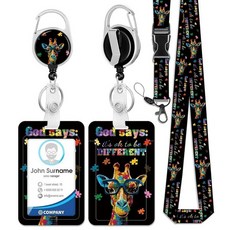 HAKUNEI 자폐증 인식 퍼즐 배지 홀더 접이식 릴 포함 기린 ID 카드 배지 케이스 카라비너 클립 포함 ID 카드 이름표 배지 프로텍터 커버 직장 사무실 간호사, 자폐증 기린