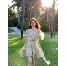 大碼胖mm長袖V領泡泡袖雪紡碎花連衣裙女新中式收腰包臀仙女短裙