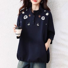 ORZQU 봄 여성 트렌디 캐주얼 패션 루즈핏 맨투맨 긴팔 반폴라 빅사이즈 자수 슬림해 보이는 디자인 상의