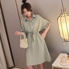 프릴 소매 허리밴딩 러블리 임산부 수유복 반팔 카라 체형 커버 셔츠형 원피스