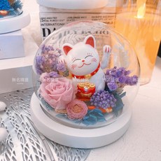 太陽能招財貓永生花玻璃罩花盅，免費客製賀卡，招財小物財位佈置母親節生日禮物, 紫色系