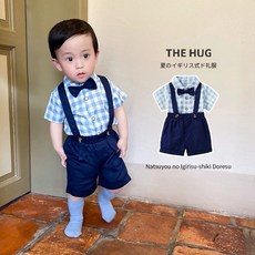 達通商行台灣現貨兒童格子吊帶褲套裝，男童紳士禮服，寶寶週歲滿月抓周服裝，藍綠格子襯衫短褲領結，花童西裝