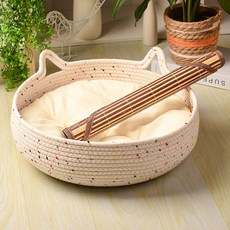 여름용 라탄 고양이집 사계절 사용 가능 쿨 고양이 스크레쳐 하우스, 1개, 화이트 쿠션+쿨링 매트