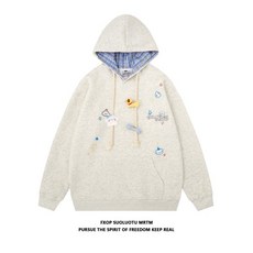 刺绣小狗格纹连帽卫衣女2025宽松韩系慵懒风加绒加厚上衣, 1個, 黑色（加绒）,M