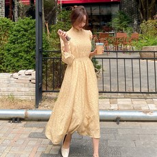 HERRINGBONE apparel 秋季長版雪紡洋裝 花卉抓皺及踝鬆緊腰A字傘狀 HD021, HDX021_牛奶泡泡袖