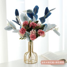 客廳假花仿真花塑料花擺件ins客廳酒櫃餐桌房間鬱金香插花裝飾品 ins日韓風 仿真花擺件 客廳香插花擺件qct6r0, 金色水培花瓶+粉色繡球, 1個