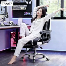 Takata 게이밍 의자 침대형 머리받침조절 발받침대 리클라이너 고급 인조가죽 사무용 컴퓨터 의자, 블랙