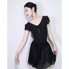 성인 발레 반팔 리본 프릴 백리스 레오타드 블랙