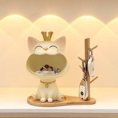 GHKO 열쇠 보관함 럭키샵 선물 행운 고양이 현관 장식품+우드 차키 악세사리 행거 1세트 크리스마스 이사 집들이 선물세트, cat-1