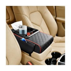 FALVFUN Car Center Console Armrest Box Mat Nappa Leather Armrest Box Cover with Tissue Box Cup H, Black/Red