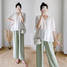 임산부 여름 세트 캐주얼 브이넥 쉬폰 반팔티 하이웨이스트 팬츠 상하의 투피스 기질 임부복 세트 JZZN