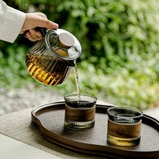 아리나리 호두나무 홈카페 티포트 다도세트 유리 차주전자 찻잔, 그레이, 주전자 + 거름망 + 뚜껑 + 찻잔 2p, 투명, 1세트