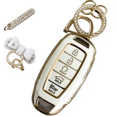 루루형제 현대 호환 자동차 프리미엄 TPU 키 케이스+번호 키링+가죽리본, 크림화이트, AH-02