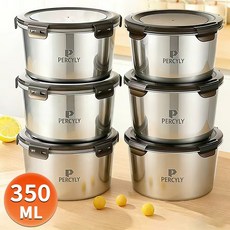원형 스텐 밀폐용기 반찬통 세트 스테인리스 수납함 진공 밀폐용기, 350ml, 6개