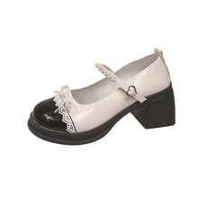 리본 메리제인 펌프스 통굽 미들힐 5cm