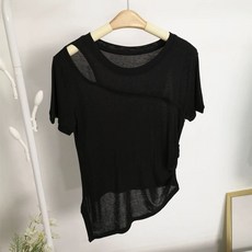 사교 여자 밑단 댄스티 상의 꼬임 티셔츠 슬림 언밸런스 리본 시크