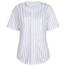 여성용 야구 저지 셔츠 버튼 다운 블랭크 소프트볼 반소매 힙합 액티브 힙스터 셔츠 블루 & 핑크 오렌지 프린트, L, 화이트 & 스트라이프