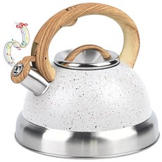 Rixordd 2.8L3쿼트 스테인리스 스틸 휘슬링 티 주전자 - 쿨 터치 나무 손잡이 큰 호루라기 및 녹 방지 베이스가 있는 천연석 마감 찻주전자 블랙 158715, 화이트