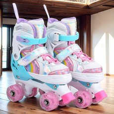 아기 2열 롤러 스케이트 4륜 바퀴 어린이용 도르래 남녀 보호, XS 사이즈 23-26 (약 2세 어린이 적합), 무지개 핑크색 플래시 신발 + 신발 가방 한 켤레