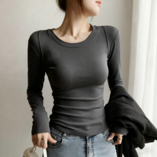 復古圓領長袖打底衫 韓版修身顯瘦基礎款上衣