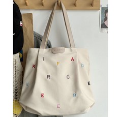 KFRBAG 英文字母刺繡帆布托特包 大容量肩背包 附拉鍊內袋 可收納A4文件與筆電
