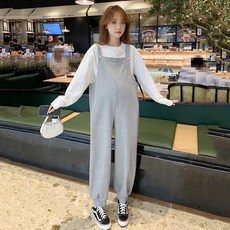 빅사이즈 순면 긴팔 티셔츠 멜빵바지 세트 임부복 가을 겨울