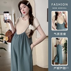 孕婦裝夏裝套裝，純棉背帶褲兩件套，韓版寬鬆孕婦夏季新款