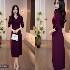連衣裙洋裝中老年女裝春秋新款長袖連衣裙秋裝中年媽媽禮服連身洋裝媽媽裝寬鬆休閒連身裙中年女裝優雅風修身中長款連衣裙, 紫紅色