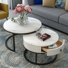 現代簡約圓形巖闆茶幾，小戶型客廳創意石材玻璃組閤茶桌，多功能圓形茶几, 80+60雙雪山白-白抽屜黑腳, 1個