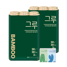 그루 프리미엄 밤부 롤 화장지 3겹 30m 30롤 2개+포켓 휴대티슈 10매 2개, 2개