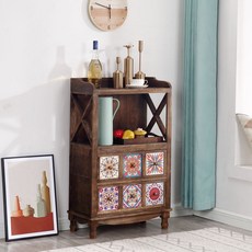 빈티지 그린 서랍장 캐비닛 원목 주방 오븐 렌지대 밥솥 수납장, 월넛 60.5 x31x98cm