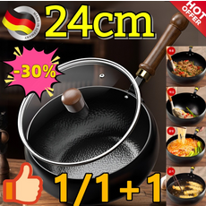 1/1+1 [24cm][유리뚜껑/나무 뚜껑]수공예 해머 텍스처 넓은 프라이팬 순철 논스틱 프라이팬 99.9% 고순도 철 수제로 단조한 주철 프라이팬, (1개)큰 냄비 망치무늬 나무 뚜껑, 24cm