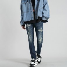 Divelo 男式深靛藍彩繪跨度損傷水洗修身直筒錐形剪裁牛仔褲