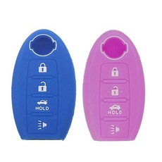 닛산 알티마 로그 센트라 패스파인더 프론티어 맥시마 타이탄 무라노 킥스 주크 버사 아르마다 GTR 370Z 리프용 4버튼 소프트 실리콘 키리스 엔트리 리모컨 키 포브 커버 케이, 블루&퍼플