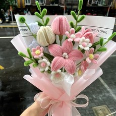 시들지 않는꽃다발 선물 뜨개 모루 꽃다발 키트 튤립 장미 재사용가능한 졸업식 수료식용, 완성품 B