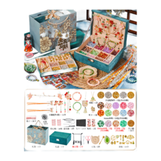 古風髮飾加DIY琉璃珠套裝 1381件套 兒童手鏈串珠飾品玩具, 78D款 - 古風粉琉璃髮飾加DIY琉璃珠套裝 - 1381件套 贈禮袋 賀卡, 1套