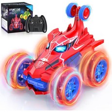 남자아이를 위한 리모컨 자동차 시원한 LED 조명이 장착된 360° 회전 4WD 스턴트 스파이더 RC 3-6 7-9 10-12세 어린이용 충전식 자동차 장난감 생일 선물, Blue-Red