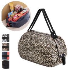 [튼튼한] 레이루 포켓 휴대용 장바구니 대형 접이식 가방, 빈티지 치타, 1개