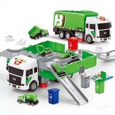 【Hi-toys】可收納聲光變形軌道慣性摩輪環保清潔車/環保垃圾車(垃圾分類遊戲/附合金工程小車), 綠色, 白色, 1個
