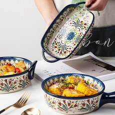 핸드페인팅 도자기 손잡이 그릇 빈티지 오븐 접시, 폴란드 도자기 직사각형 베이킹 팬, 1개