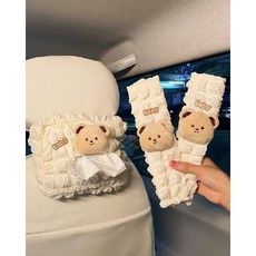 汽車安全帶護肩套 可愛卡通小熊兔子 冰絲夏天 四季通用 兒童防勒脖 汽車裝飾, 13.熊泡芙護肩套2個+紙巾盒, 1個