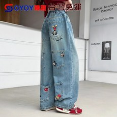 OY1 女童新款 2025 春秋卖场 牛仔褲 超可愛卡通圖案 寬鬆時髦闊腿褲 長褲