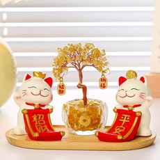 招財貓黃水晶發財樹擺件 玄關家居裝飾 卡通創意擺飾, 隨機發（盲盒）