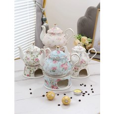 영국식 티팟 워머 주전자 휴대용 가정용 도자기 차 전통 세트 도화 핑크 커피포트 800ml, 도화 화이트 소형 가열 받침대 4개