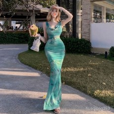 Yellwell여성용 여름 슬림핏 민소매 드레스 플로럴 무드 롱 원피스LST